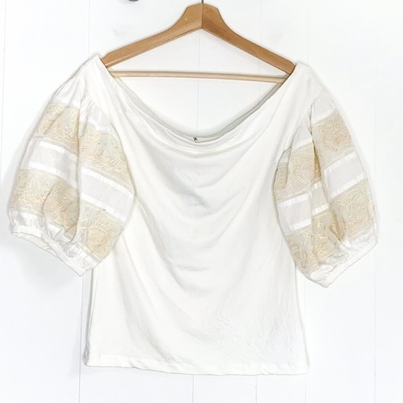 Free People Cream Blouse with Lace Puff Sleeves - Picture 2 of 4